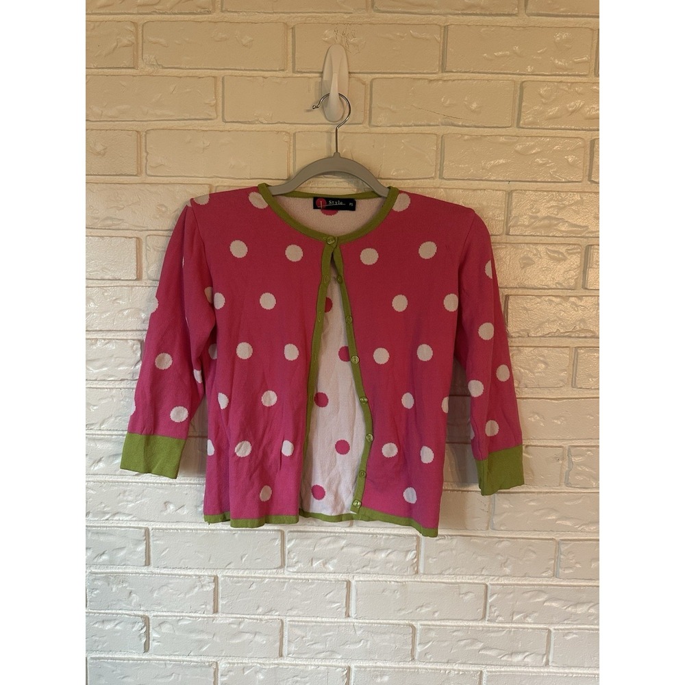 I Style Women's Pink Polkadot Retro Barbie Cardigan With Lime Green Detail PS